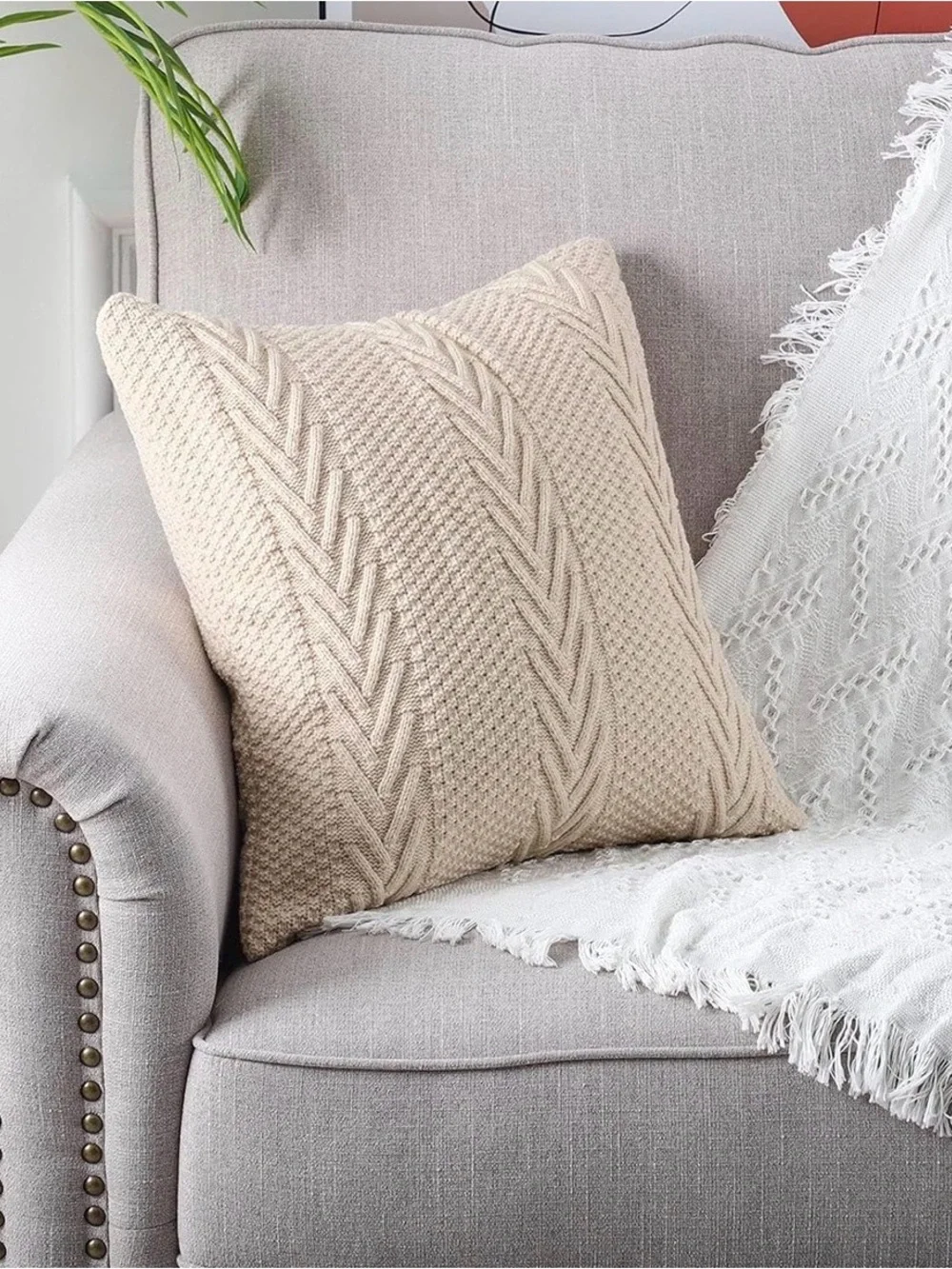 H13 NIB MANDIOO Cotton Knitted Decorative Throw Pillow COVER, 20”x20”, Beige
